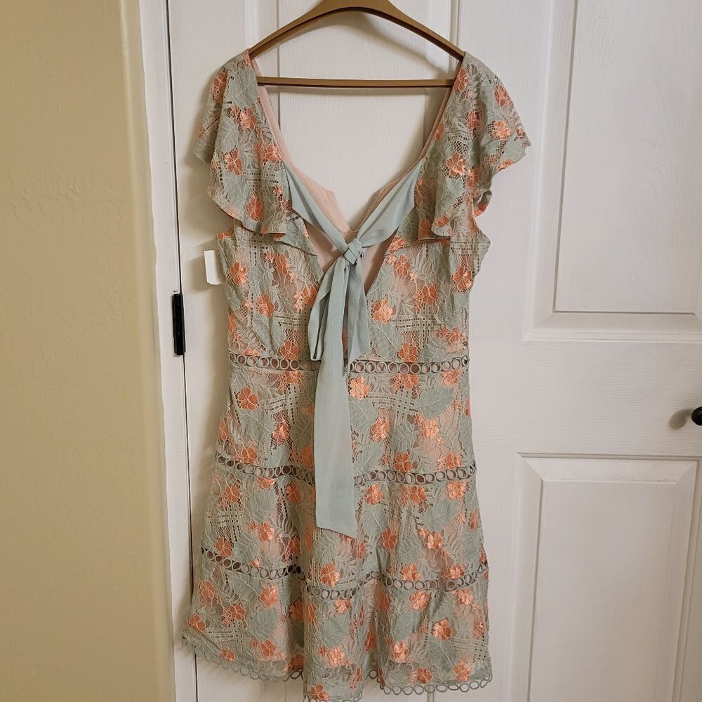 Nortstrom's NSR Teal and Peached ruffled laced dress w/ back bow Size XL NWT - Picture 3 of 10